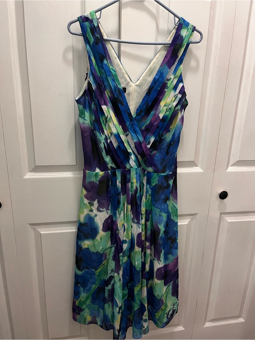 Anne Klein Sleeveless V-Neck Midi Dress in Blue, Purple & Green